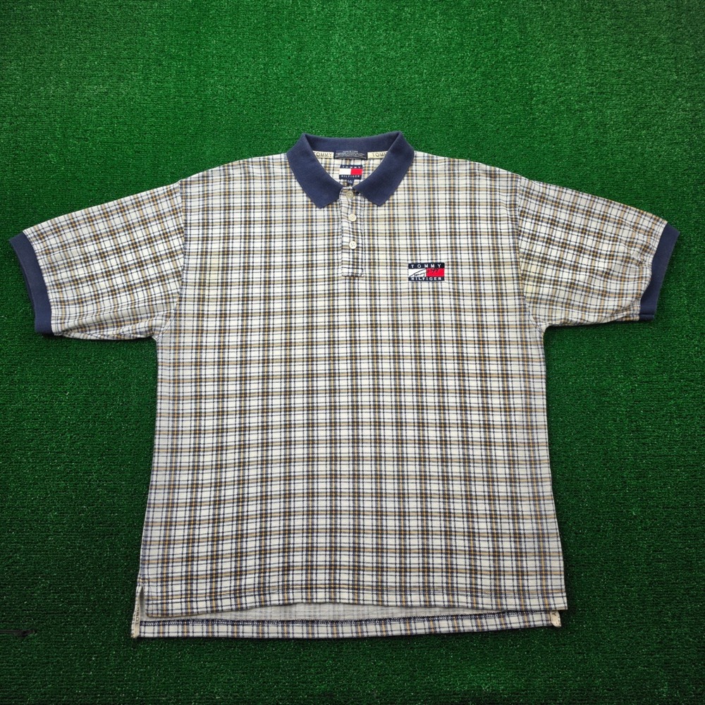 Vintage 90s Tommy Hilfiger Plaid Polo Shirt Mens Large Short Sleeve 100% Cotton
